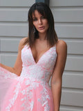 Pink A-line Tulle Spaghetti Straps Prom Dress Long Lace Appliques Formal Evening Dress OKX78