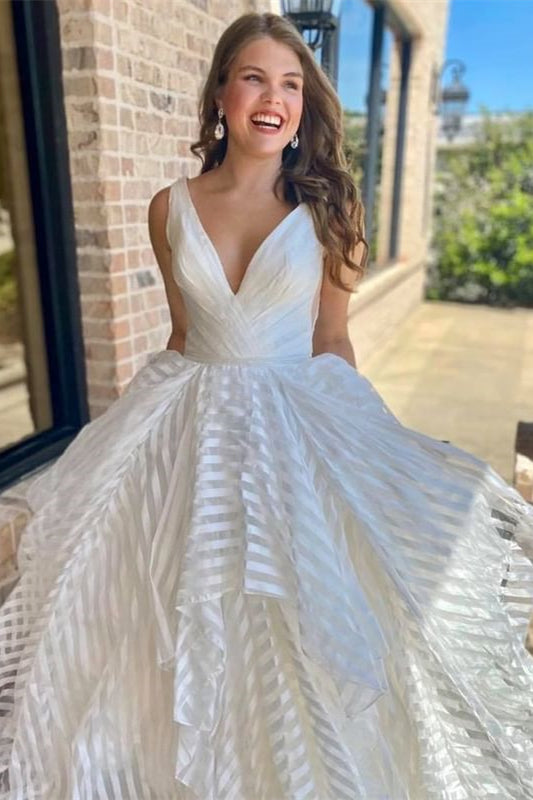 Off White V-Neck Backless A-Line Stripes Wedding Dress Bridal Dress OK1539
