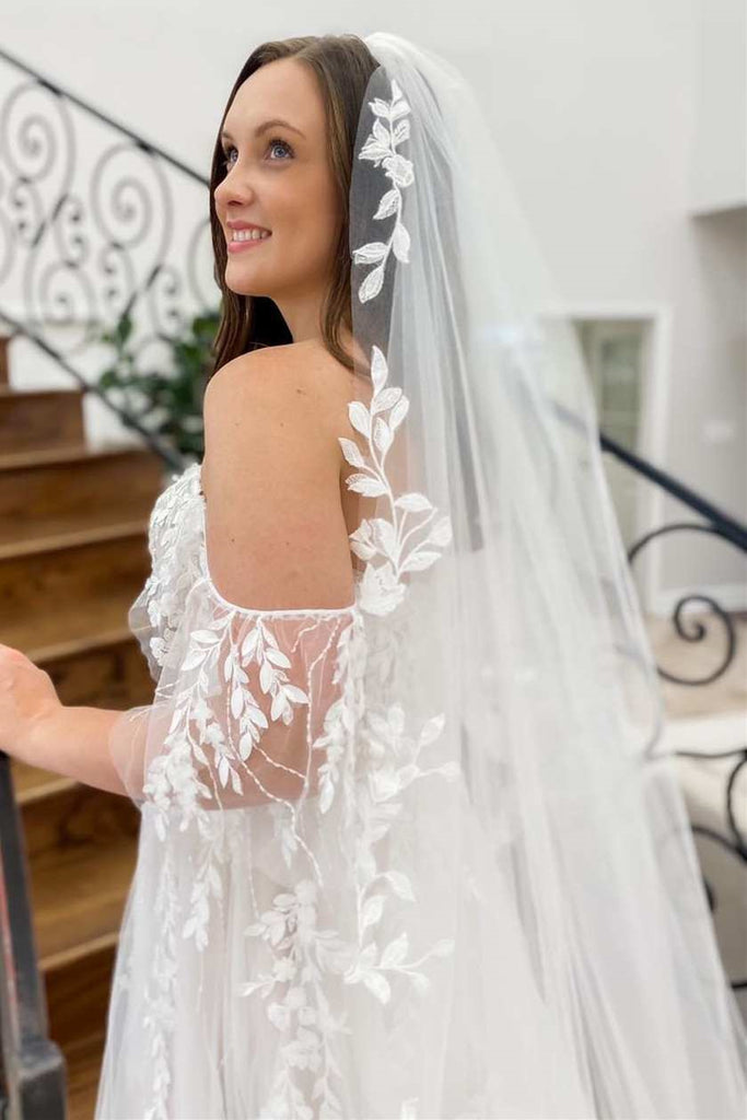 Romantic Off White Appliques Off-the-Shoulder Sweetheart A Line Long Wedding Dress OK1623
