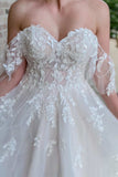 Romantic Off White Appliques Off-the-Shoulder Sweetheart A Line Long Wedding Dress OK1623