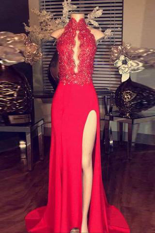 Red Prom Dresses,high neck Prom Gown,formal evening dress,split Prom Dress