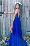 Simple Scoop A Line Split Side Royal Blue Straps Satin Prom Dresses OK762