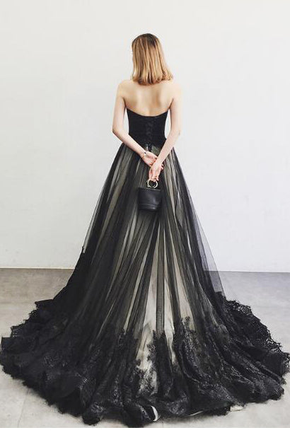 Charming A-Line Sweetheart Strapless Black Long Tulle Prom Dresses With Lace Beading OK834