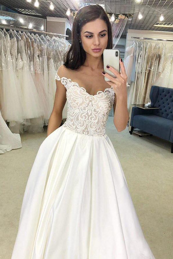 Modest Off The Shoulder Ivory Satin A-line Wedding Dress With Pockets OKY7