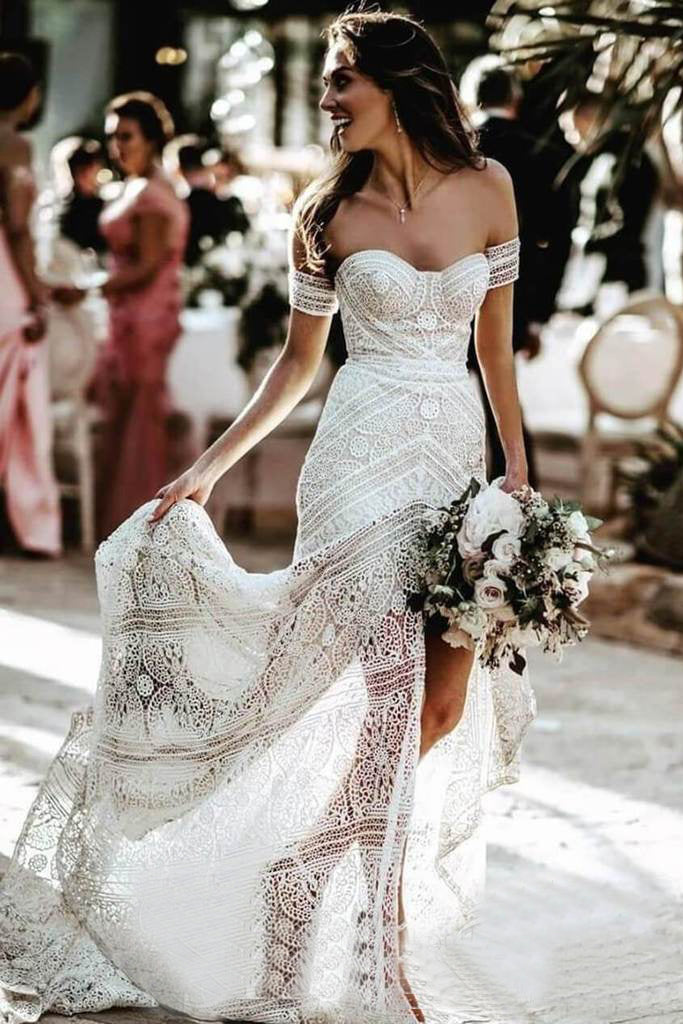 Sweetheart Sheath Lace Bridal Dress Beach Wedding Dress With Slit OKP93