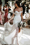 Sweetheart Sheath Lace Bridal Dress Beach Wedding Dress With Slit OKP93