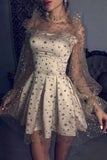 Grey Tulle Long Sleeves Star Homecoming Dresses, Short Party Dresses OKM47