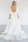 Simple White A-line Satin Sweep Train 3/4 Sleeves Backless Wedding Dresses OK740