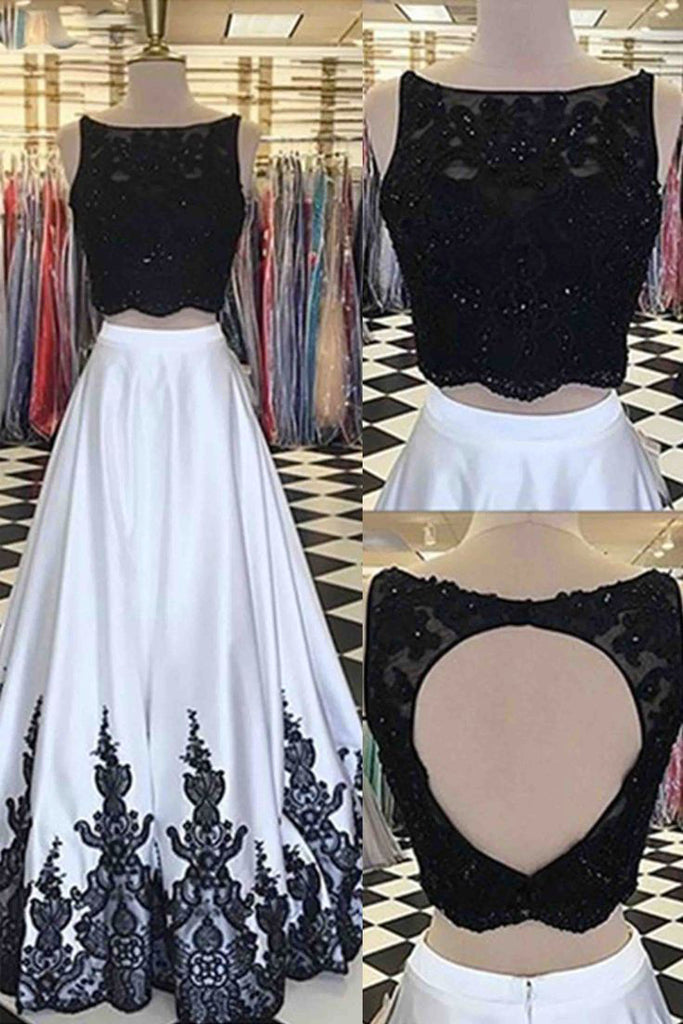 2 Pieces Black And White A-line Lace Top Open Back Prom Dress OKJ62