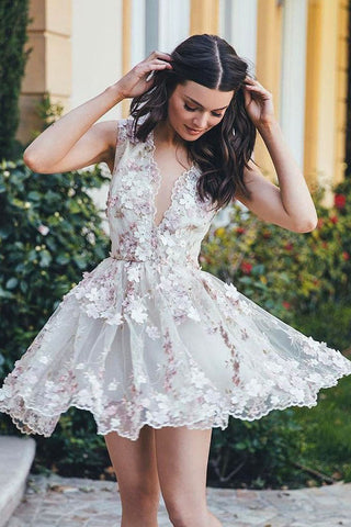 A-Line Homecoming Dress,Floral Homecoming Dresses,V-Neck Sleeveless Homecoming Dresses, Short Homecoming Dress,White Homecoming Dresses,Tulle Homecoming Dress with Appliques,Homecoming Dress