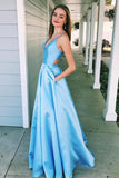 A-Line V-Neck Light Blue Spaghetti Straps Prom Dresses with Pockets OKJ10
