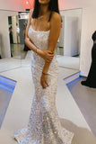 Shiny Mermaid White Sequined Long Prom Dress Floor-Length Spaghetti Straps Formal Dress OK1605