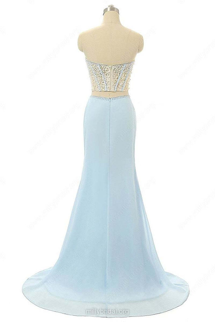 Elegant Mermaid Sweetheart Chiffon Sweep Train Split Front Light Sky Blue Prom Dress OK621