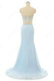 Elegant Mermaid Sweetheart Chiffon Sweep Train Split Front Light Sky Blue Prom Dress OK621