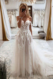 A Line Tulle Lace Appliques Off the Shoulder Floor Length Wedding Dress OK1098