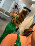 One Shoulder Mermaid Shiny Green Sequins Long Prom Dress  Formal Graduation Evening Dress OK1342