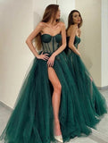A Line Tulle Green Long Prom Dress Sweetheart Formal Evening Dress OK1345