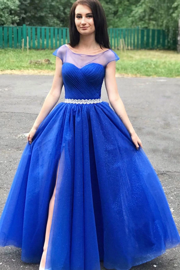 A-line Cap Sleeves Royal Blue Long Prom Dress Beaded Evening Dress OKR65
