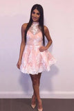 Cute A-line Halter Pink Short Homecoming Dress Lace Appliques OKA91