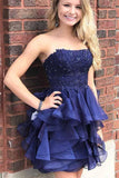 Cute Dark Blue Strapless Homecoming Dress A-line Short Prom Dress OKZ78