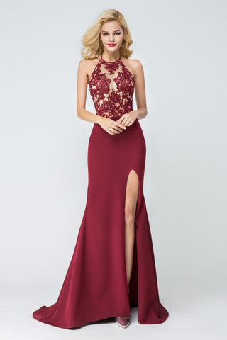 Burgundy Long Split Prom Dress