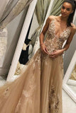A Line Tulle Long Appliques Deep V Neck Prom Dresses With Beading OKF66