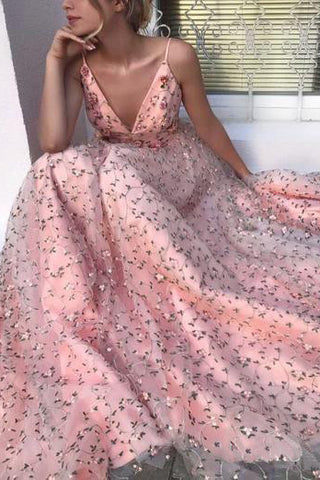 Pink Floral A Line Lace Long V Neck Spaghetti Strap V Neck Formal Prom Dresses OKH68