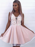 Pink Appliqued A Line Homecoming Dress V Neck Short Hoco Dress OKO9