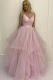 Light Pink Spaghetti Straps Tulle Puffy Prom Gown, Asymmetrical Formal Evening Dress OK1670