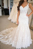 Charming Trumpet/Mermaid Lace Applique V-neck Sleeveless Wedding Dress OKU82