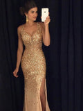Luxurious Mermaid V neck Sequin Gold Long Prom Dresses OKD70