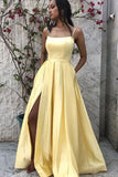 Simple A-Line Satin Spaghetti Straps Sleeveless Yellow Long Prom Dresses OK1816