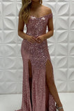 Sheath Sequins Ruffles Off-the-Shoulder Sleeveless Sweep Train Prom Dresses OK1815