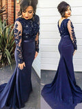 Trumpet/Mermaid Lace Appliques Blue Long Sleeves Plus Size Dress OKF45