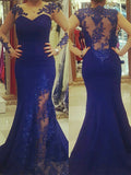 New Arrival Scoop Applique Long Sleeves Royal Blue Mermaid Plus Size Dress OKF47