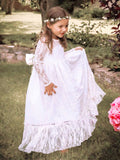 Ivory A-Line Long Sleeves Jewel Bowknot Lace Floor-Length Flower Girl Dresses OK708