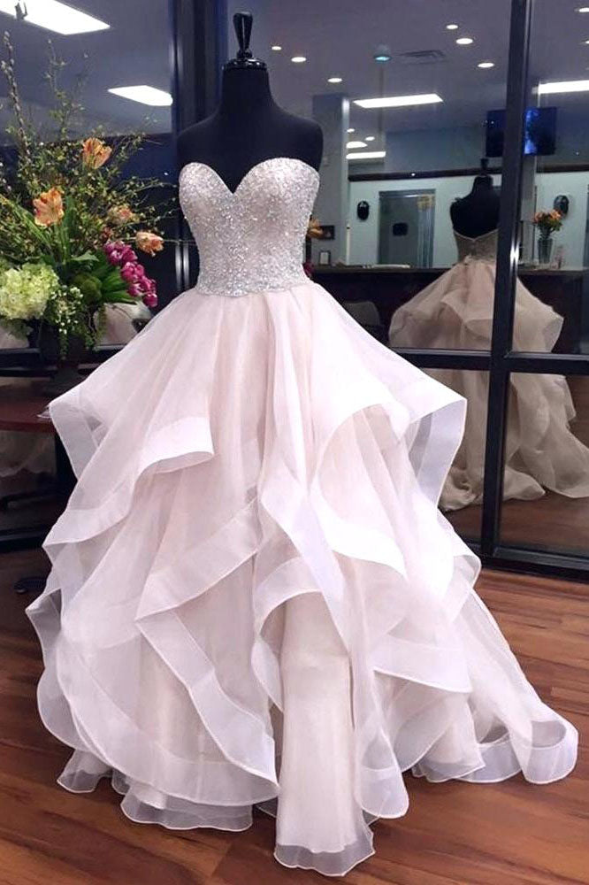 Best A-Line Sweetheart Ruffles Puffy Prom Dress with Beads OK843