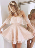 A-Line Off-the-Shoulder Short Homecoming Dresses,Pearl Pink Homecoming Dresses OK200