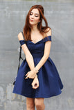 Simple Dark Blue A-Line Off-The-Shoulder Satin Short Homecoming Dresses With Pleats OK468