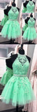 A Line Halter Tulle Appliques Backless Prom Dress,Green Homecoming Dress OK325