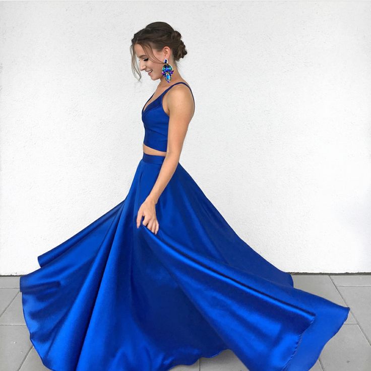 Sexy Royal Blue Two-Pieces Long Prom Dress Chic Satin Blue Formal Evening Dress OK414