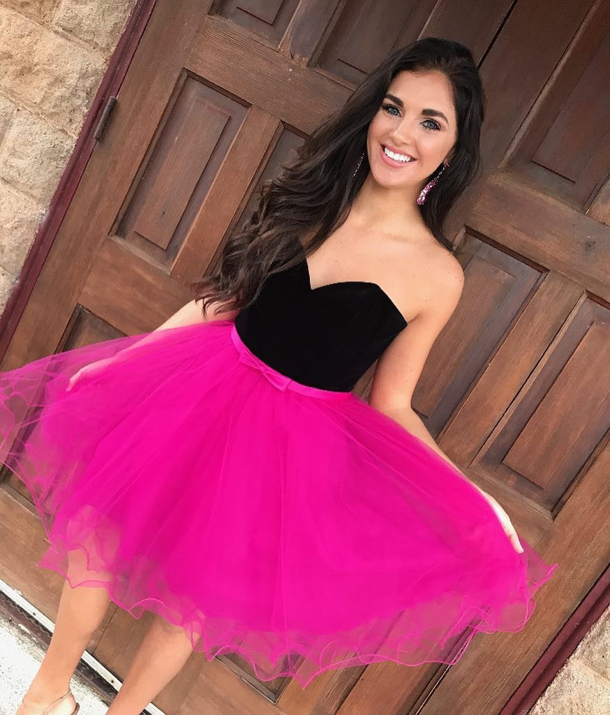 Hot Pink A Line Tulle Short Prom Dress Sweetheart Homecoming Dress OKZ54