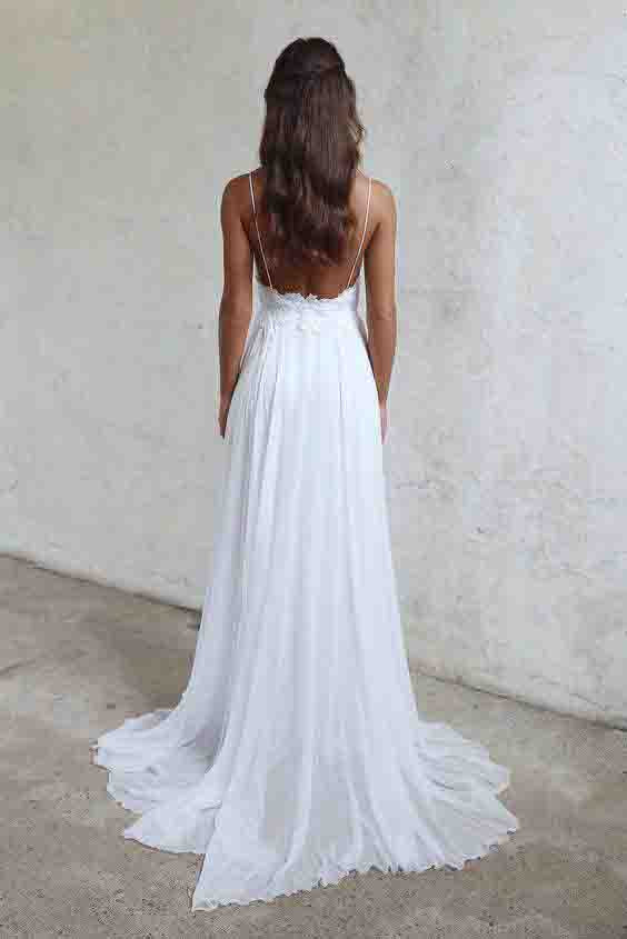 Spaghetti Strap White Chiffon Lace Appliqued V-neck Summer Beach Wedding Dress OK548