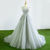 Gray Tulle Court Train Formal Long Prom Dresses With Flowers OK942