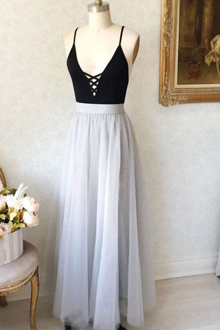Simple A-Line Spaghetti Straps Black Top Tulle Gray Long Prom Evening Dresses OKG17