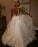 Charming Backless Sequined A Line Long Prom Dress,Cheap Wedding Dresses OK923