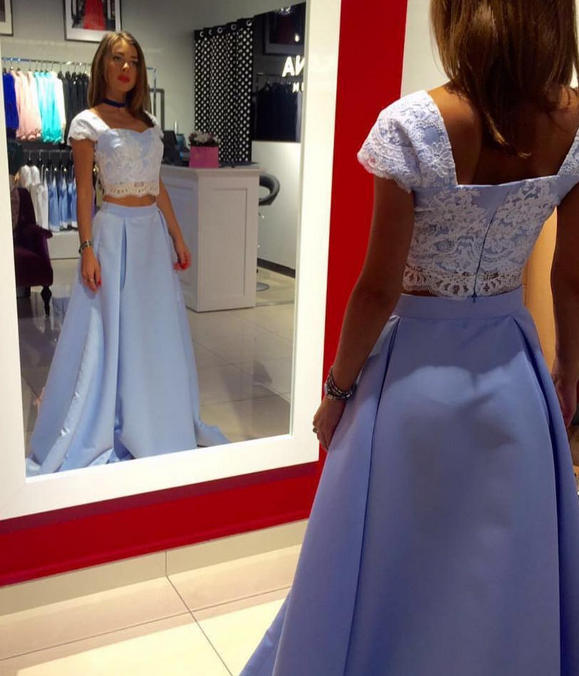 Cheap Light Blue Satin Two Piece Lace Top Floor Length Prom Dresses OK891