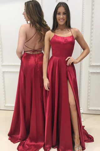 Burgundy Spaghetti Strap Prom Dresses with Slit, Sexy Long Party Dresses OKJ86