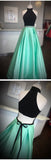 High Neck Two Piece Black And Mint Green Beads Long Prom Dresses OKF31
