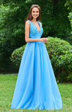 Blue V Neck A-Line Sleeveless Appliques Backless Floor Length Prom Dress OKE28